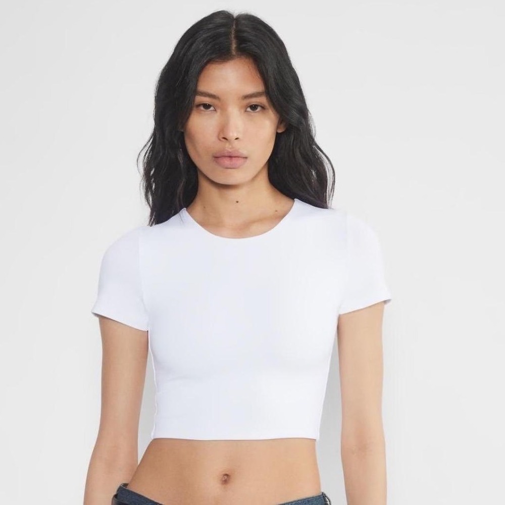 Babaton Contour Crewneck T-Shirt‎ White Short Sleeve Crop Top 83840 Womens Small